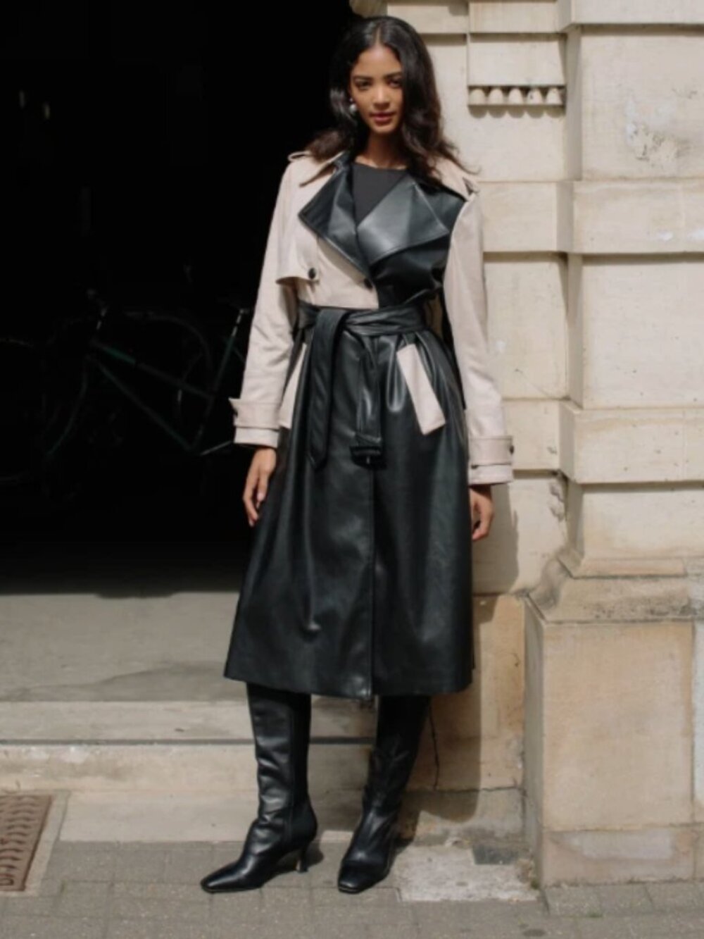 NWT Hutch Stasia Faux Leather Suede Trench Coat Colorblock Black Tan Size Small - Picture 4 of 14